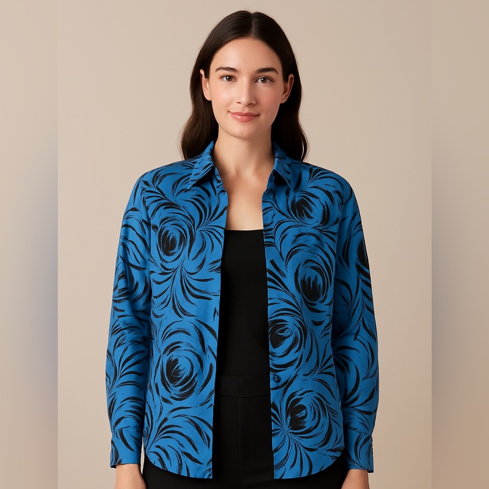 Wrinkle Free Classic Shirt 16 W Cotton Blue Black Floral Print New No Tags - Picture 2 of 9
